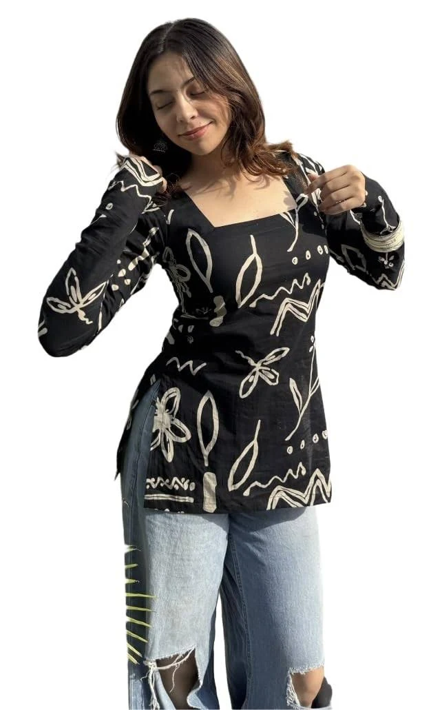 FELISIA Women's Full Sleeves Rayon Printed Square Neck Short Kurti, Bell Sleeves, Short Kurti For Women, Stylish